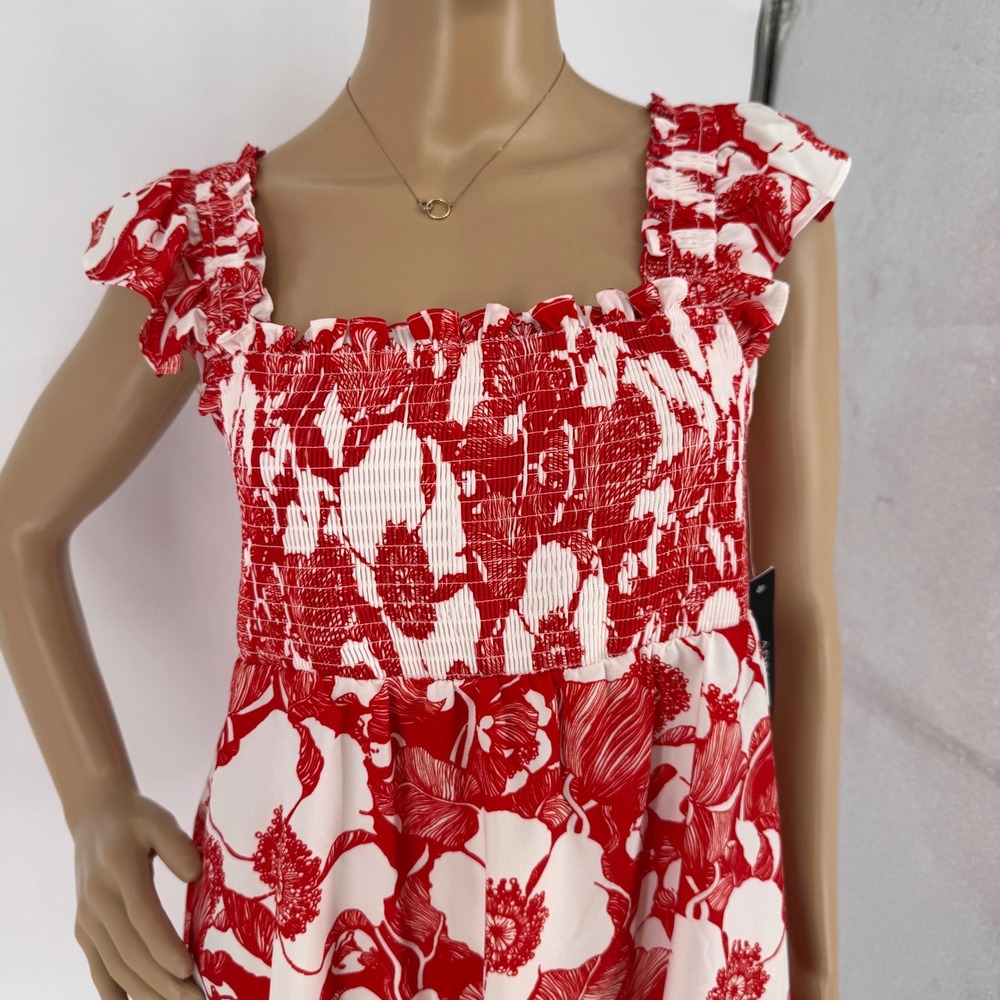 Adrianna Papell Red White Floral Smocked Ruffle Sun Dress Womens Size 6 NEW - Picture 3 of 16